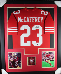 Christian McCaffrey framed autographed red jersey "Tower Style"