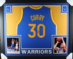 Steph Curry framed autographed blue jersey