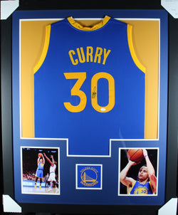 Steph Curry framed autographed blue jersey