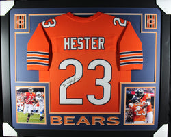 Devin Hester framed autographed orange jersey