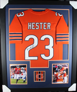 Devin Hester framed autographed orange jersey