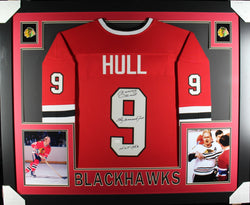 Bobby Hull framed autographed red jersey "HOF and Golden Jet" Inscribed