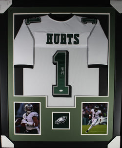Jalen Hurts framed autographed white jersey "Tower Style"