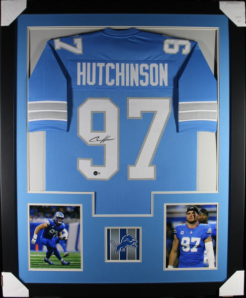 Aiden Hutchinson framed autographed blue jersey "Tower Style"