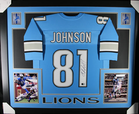 Calvin Johnson framed autographed blue jersey "Skyline Style"