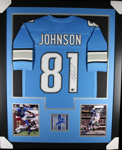 Calvin Johnson framed autographed blue jersey "Tower Style"