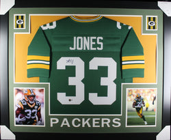 Aaron Jones framed autographed green jersey
