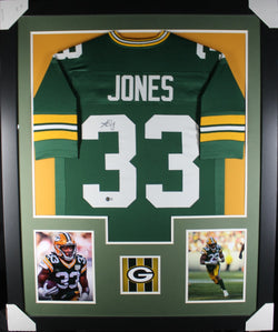 Aaron Jones framed autographed green jersey