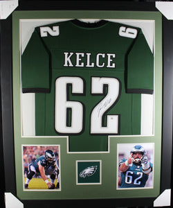 Jason Kelce framed autographed green jersey