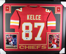 Travis Kelce framed autographed red jersey