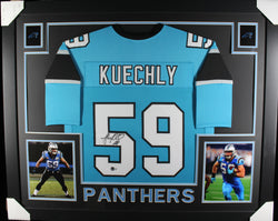 Luke Kuechly framed autographed teal jersey