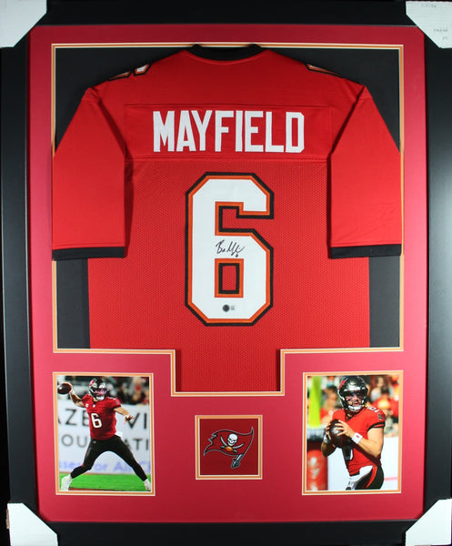 Baker Mayfield framed autographed red jersey "Tower Style"