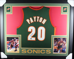 Gary Payton framed autographed green jersey
