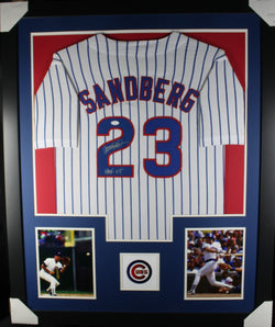 Ryne Sandberg "HOF 05" inscribed framed autographed white pin-stripe jersey