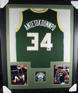 Giannis Antetokounmpo framed autographed green jersey