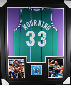 Alonzo Mourning framed autographed teal jersey