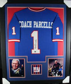 Coach Bill Parcells framed autographed blue jersey