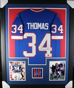 Thurman Thomas framed autographed blue jersey