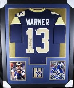 Kurt Warner framed autographed navy jersey